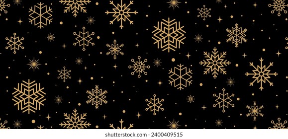 New year eve card, Christmas background with snowflakes, sparks and stars. Abstract background seamless pattern in luxury black and gold color. Vector illustration.