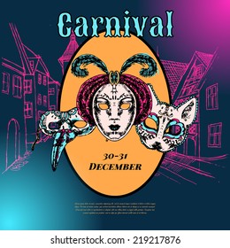 New year eve carnival event show advertising poster with venetian style paper mache masks color vector illustration