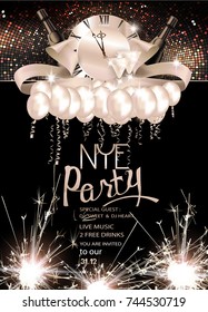 New year eve celebration invitation card with christmas deco elements and sparklers. Vector illustration