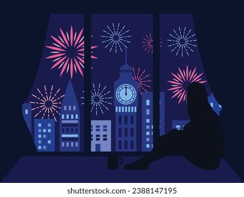 New Year Eve Celebration Silhouette of A Woman Watching Fireworks From Apartment Window