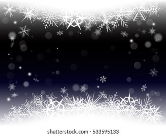 New Year Eve and Christmas background with snowflakes and snow drifts. Dark color.
