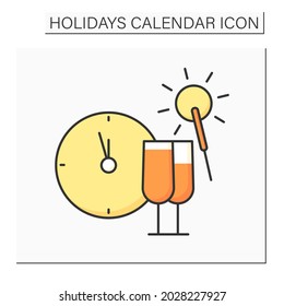 New Year eve color icon. December 31. People throw parties, make wishes, drink champagne and have fun. Holidays calendar concept. Isolated vector illustration