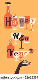 New year eve composition with Champaign glass and hand. 