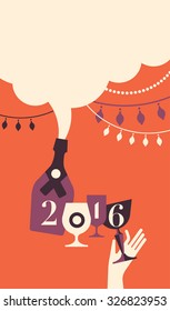 New year eve composition with Champaign glass and hand. 