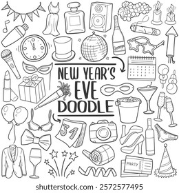 New Year Eve Doodle Icons Line Art. Holiday Clipart Hand Drawn Symbol Design.	