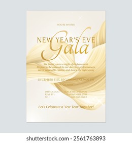 New Year eve gala invitation template features a flowing, abstract design in shades of gold, evoking a luxurious and sophisticated feel