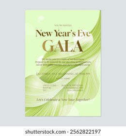 New Year eve gala invitation template features a flowing, abstract design in shades of bright green, evoking a sense of excitement and anticipation for a lively and memorable celebration