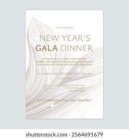 New Year eve gala invitation template features a sophisticated and elegant design with a flowing, white abstract background that adds a touch of sophistication