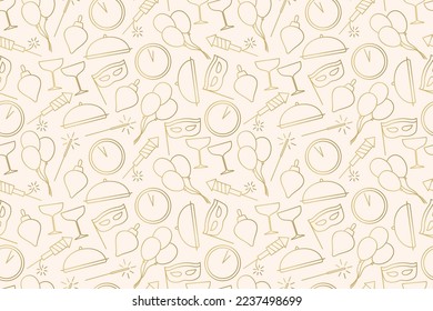 New Year Eve golden seamless pattern with champagne glasses, fireworks, sparklers, clock, christmas ball, balloons and carnival mask- vector illustration