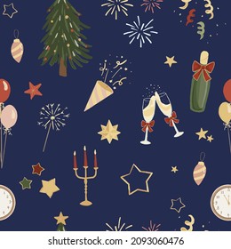 New Year eve hand-drawn seamless pattern. Repeating texture with countdown doodle elements on dark blue background. Festive pattern for gift wrapping paper, textile, cover. Vector illustration.