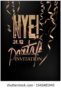 New year eve invitation card with golden hanging serpentine. Vector illustration