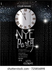 New year eve invitation card with watch, abstract pattern and serpentine. Vector illustration