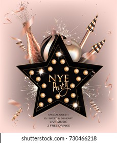 New year eve invitation card with christmas decorations and confetti. Vector illustration