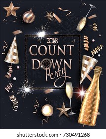 New year eve invitation card with deco objects and sparkler frame. Vector illustration