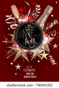 New year eve invitation card with sparkling christmas deco objects. Vector illustration