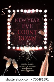 New year eve invitation card with retro frame of light bulbs, bottle and glasses of champagne . Vector illustration