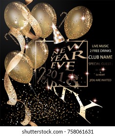 New year eve invitation gold card with air balloons and gold ribbon. Vector illustration