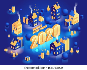 New year eve isometric vector banner template. Winter holidays celebration. Merry xmas. Night village, packing gifts on blue background. Christmas season events greeting postcard design