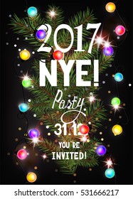 New year eve party banner with tree branches and colorful light garlands. Vector illustration