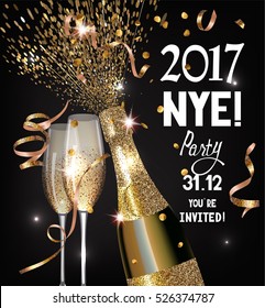 NEW YEAR  EVE Party invitation shiny banner WITH GOLD  TEXTURED SERPENTINE, GLASSES AND BOTTLE OF CHAMPAGNE. VECTOR ILLUSTRATION