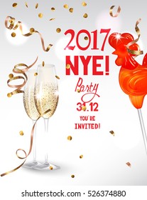 NEW YEAR  EVE Party invitation shiny banner WITH GOLD  TEXTURED SERPENTINE, GLASSES AND CARAMEL COCK ON STICK. VECTOR ILLUSTRATION