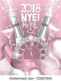 New year eve party invitation card with bottle of champagne, glasses, watch and air balloons. Vector illustration