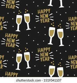 New Year eve party seamless pattern. Repeat design with champagne glasses, fizzy alcohol drink and Happy greeting words clipart. Black golden beige hand drawn images for festive night celebration