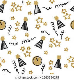 New Year eve seamless pattern with party hat, spiral throws, swirls, stars and clock clipart images to make gift wrapping and decoration.