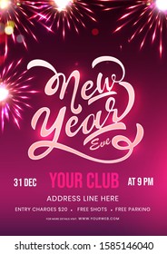 New Year EVE Template or Flyer Design with Event Details and Fireworks on Pink Background.