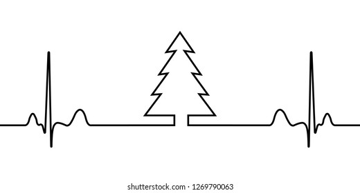 New year eve tree and heartbeat in one line, vector Christmas tree heart rhythm, the beginning of the year