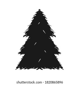 New Year eve tree icon, black fill illustration. Christmas, winter holiday evergreen silhouette image, cartoon scribbled design. White background. Vector