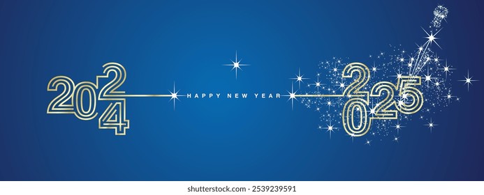 New year event 2025 compact golden triple line design in shape of foreward arrow and backward for 2024 with white sparkle firework, champagne open new year eve golden blue vector wallpaper greeting ca