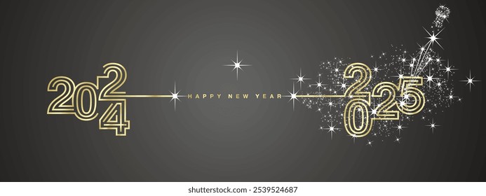 New year event 2025 compact golden triple line design in shape of foreward arrow and backward for 2024 with white sparkle firework, champagne open new year eve golden black vector greeting card