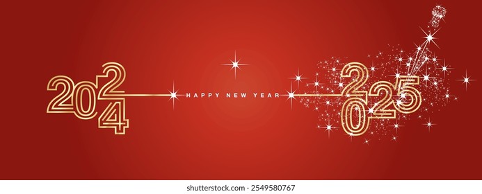 New year event 2025 compact golden triple line design in shape of foreward arrow and backward for 2024 with white sparkle firework, champagne open new year eve golden red vector wallpaper greeting car