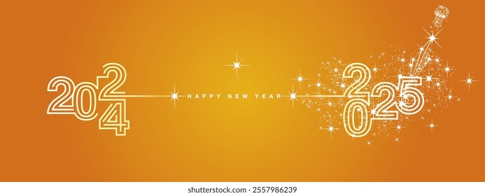 New year event 2025 compact golden triple line design in shape of foreward arrow and backward for 2024 with white sparkle firework, champagne open new year eve white orange vector wallpaper greeting c