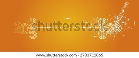 New year event 2026 compact white triple line design in shape of foreward arrow and backward for 2025. Concept of new year transition with white champagne sparkle firework and yellow orange vector gre
