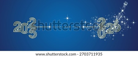 New year event 2026 compact golden triple line design in shape of foreward arrow and backward for 2025. Concept of new year transition with white champagne sparkle firework and golden blue vector gree