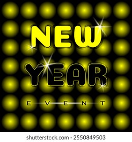 Afiche del evento de año Nuevo con el telón de fondo del proyector y el texto con los aspectos más destacados. Estilo Antiguas, esquema de color amarillo y negro. 