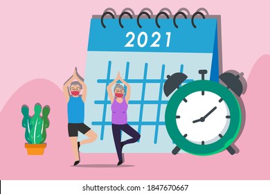 New Year Exercise Resolution Vector Concept: Senior Couple In Face Mask Doing Yoga Exercise With Alarm Clock And Calendar Of 2021 Background