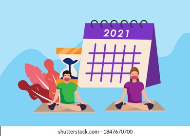 New Year Exercise Resolution vector concept: Couple in face mask doing yoga exercise with hourglass and calendar of 2021 background