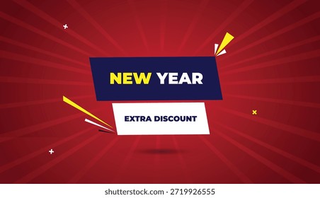 Silvester extra Rabatt Web-Banner Vektor Kunst Vorlage fett gelber Text tiefblau und weiß Formen dunkelrot Highlights hellen Sonnenschein abstrakten Business-Stil Badge Symbol Etikett für Verkaufsförderung Deal