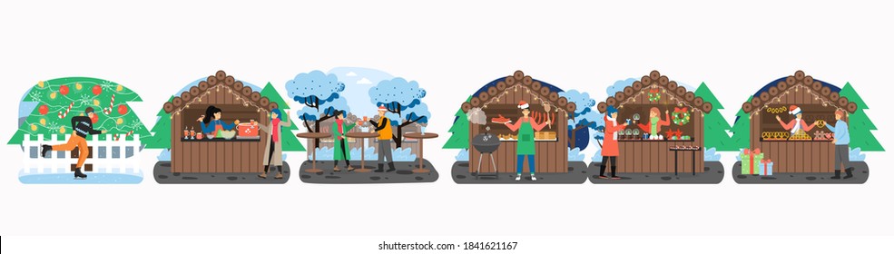 New Year fair set flat vector illustration. Winter street market stalls and vendors. Happy people drinking mulled wine, buying Christmas gifts, biscuits, ice skating near decorated city Christmas tree