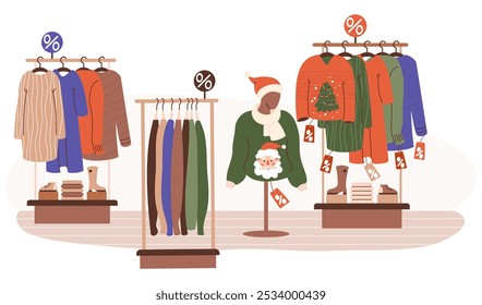 New Year Fashion Sale. Store interior Christmas shopping. Fashionable clothes on hangers and shoes and mannequin in ugly xmas sweater with Santa. Vector illustration. Purchase concept. Black Friday