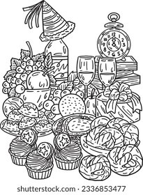 New Year Feast Isolated Adults Coloring Page 