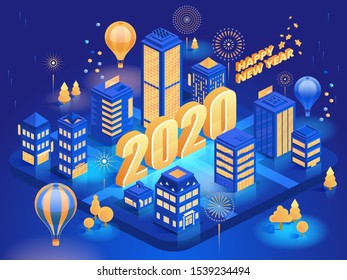 New Year festival isometric vector banner template. Traditional december event celebration. Night city and flying hot air balloons on blue background. Christmas congratulation greeting card design