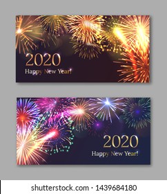 New year festival party invitation templates with bright fireworks series. Celebratory template with realistic dazzling display of fireworks on dark sky vector illustration. Winter season holiday