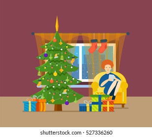 New Year festive atmosphere. Interior of the room, girl working in the tablet and resting near the Christmas tree, it is in a good mood and in anticipation of holiday. Vector illustration.