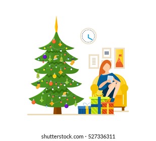 New Year festive atmosphere. Interior, woman at home near a Christmas tree, recreation and working with the tablet in the living room. Vector illustration. Can be used as materials.