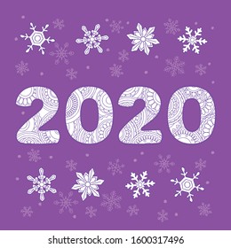 New year festive background with numbers 2020 patterned with hand drawn zen tangled shapes and snowflakes. Handwritten font 2020 for decorate calendar, banner, greeting card. eps 10
