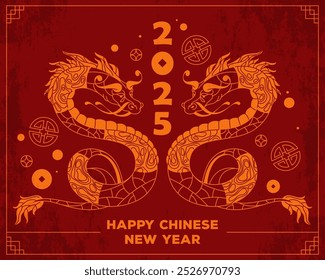 New Year festive banner or greeting card. The year of the Wood Snake 2025. Ornamental symbol of Chinese zodiac. The sign of snake in oriental engraved style. Traditional Chinese decorative ornament.